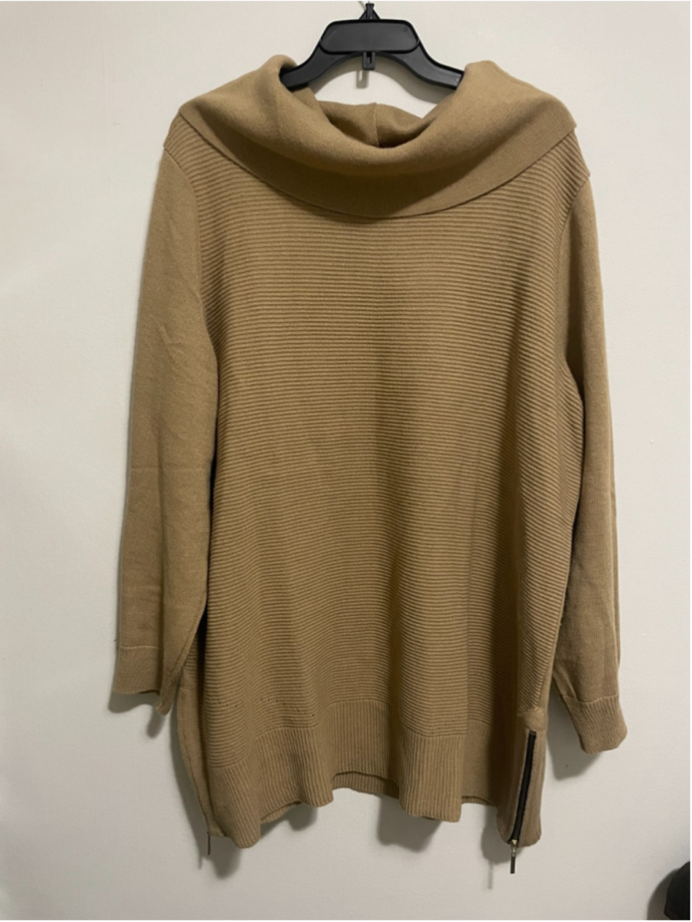 Nina Lombard Camel Cowl Neck Sweater with Ribbed Details and Side Zippers Sz 3X
